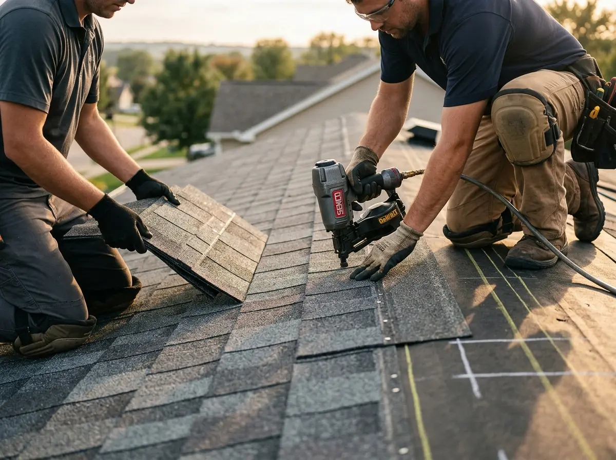 Professional roofer working on a residential roof in Selma